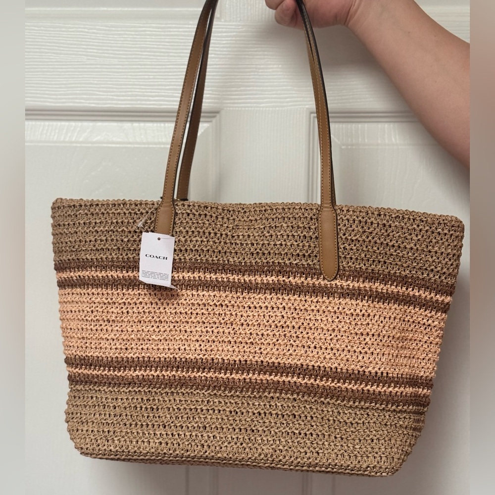 NWT COACH Straw and smooth leather City Tote Bag CBG87 Im/Honey Brown Multi - Picture 8 of 11
